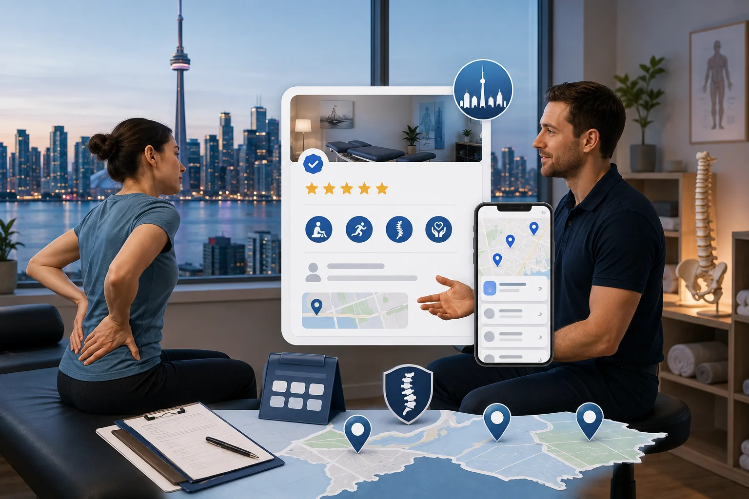 A Toronto physiotherapist consulting with a patient over a Google Business Profile map showing clinic locations across Downtown, Etobicoke, Scarborough, and North York
